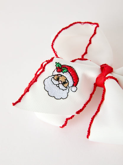 Christmas Hair Bow | Santa Embroidered 6.25 Inch: Santa embroidery on white ribbon