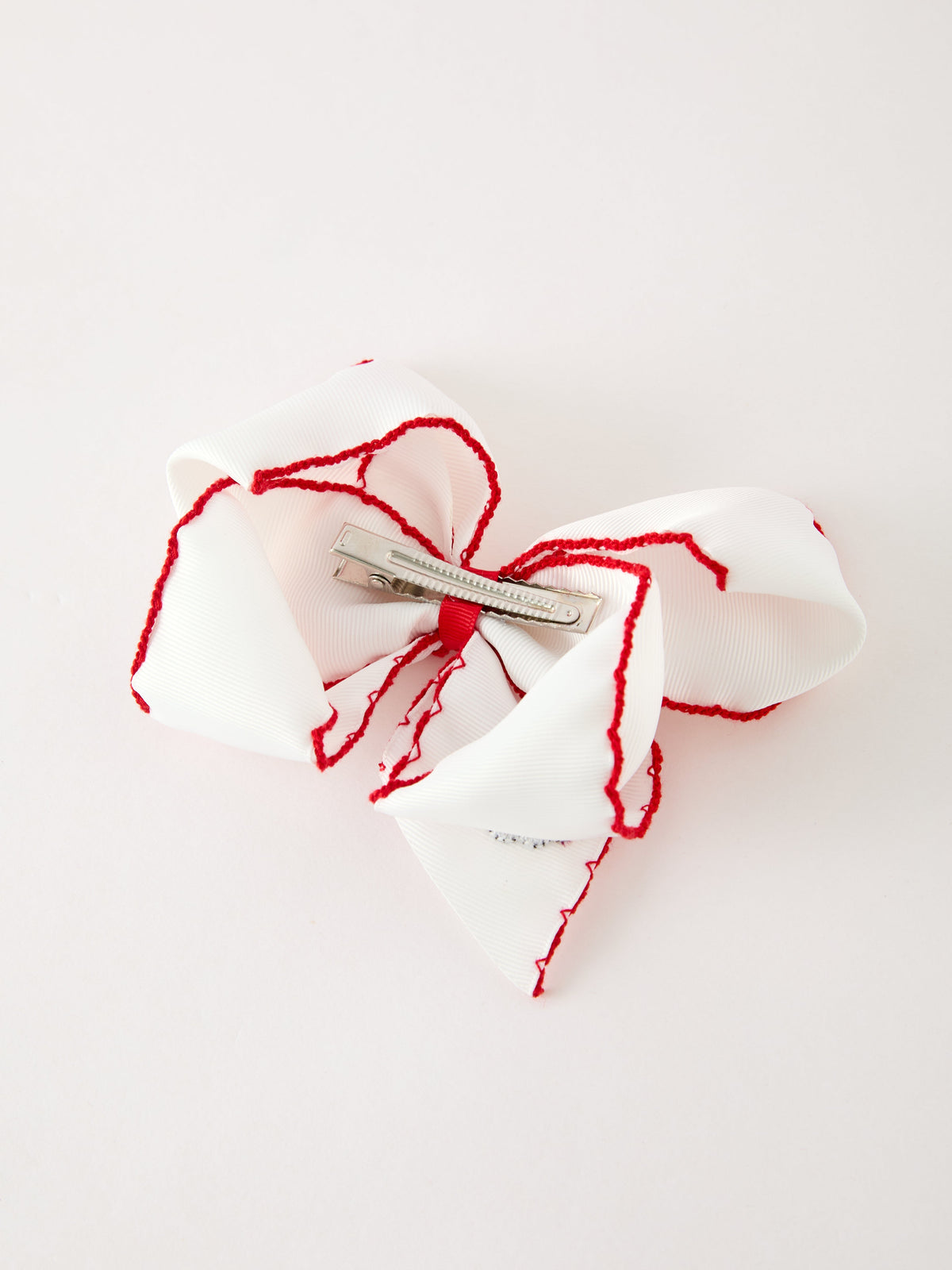 Christmas Hair Bow | Santa Embroidered 6.25 Inch: White bow back view