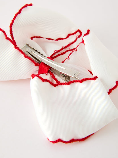 Christmas Hair Bow | Santa Embroidered 6.25 Inch: Metal clip on white bow