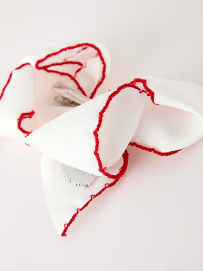 Christmas Hair Bow | Santa Embroidered 6.25 Inch: White bow folded ribbon and stitched edges