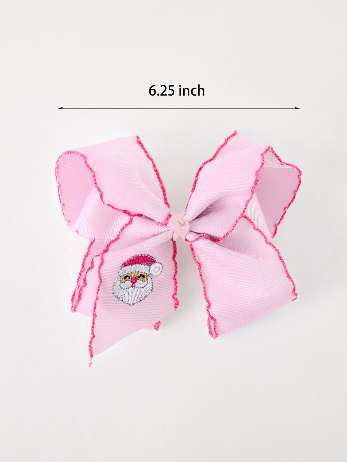 Christmas Hair Bow | Santa Embroidered 6.25 Inch: Pink bow showing 6.25-inch width