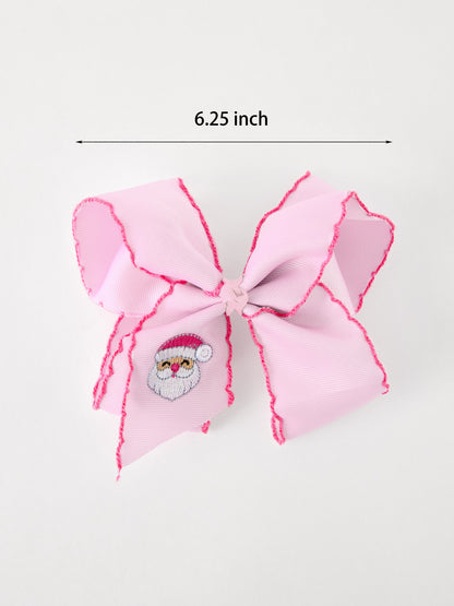 Christmas Hair Bow | Santa Embroidered 6.25 Inch: Pink bow showing 6.25-inch width