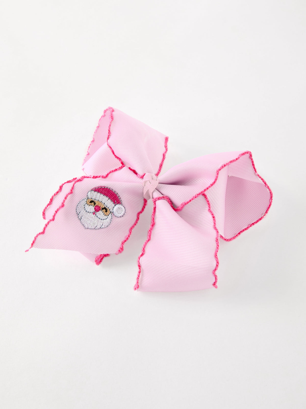 Christmas Hair Bow | Santa Embroidered 6.25 Inch: Pink bow front view
