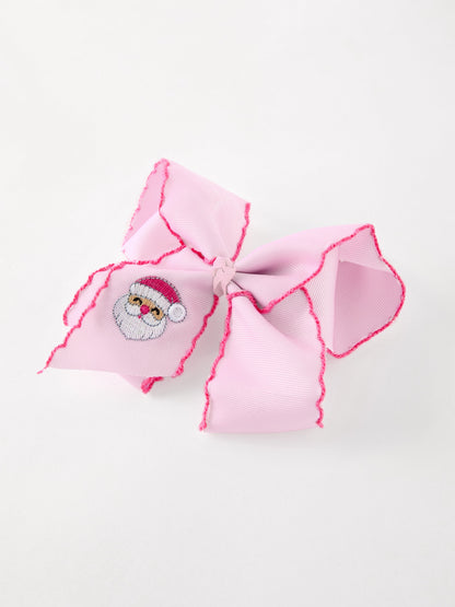 Christmas Hair Bow | Santa Embroidered 6.25 Inch: Pink bow front view