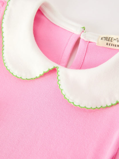 Girls Christmas Dress | Pink Tree & Bow Collar: White collar with green stitched edging