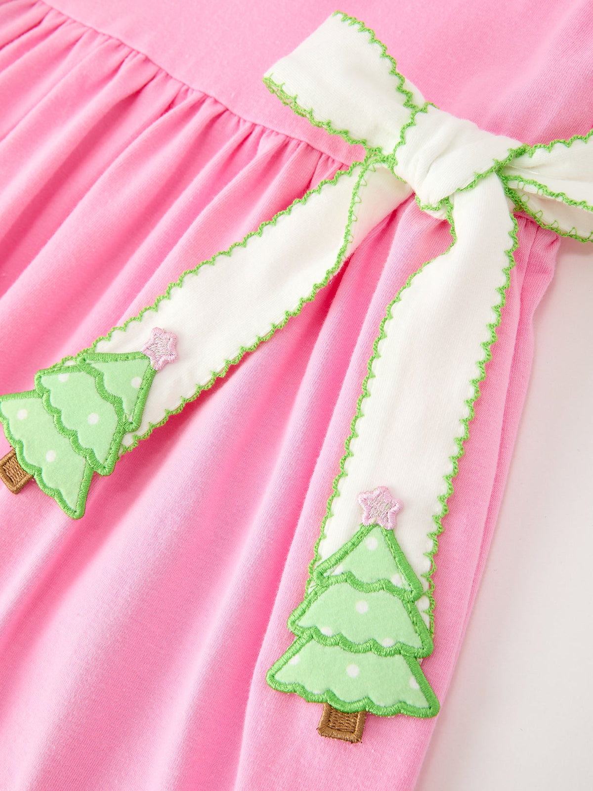 Girls Christmas Dress | Pink Tree & Bow Collar: Waist bow and dangling tree decorations