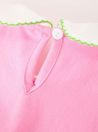 Girls Christmas Dress | Pink Tree & Bow Collar: Back button and keyhole detail