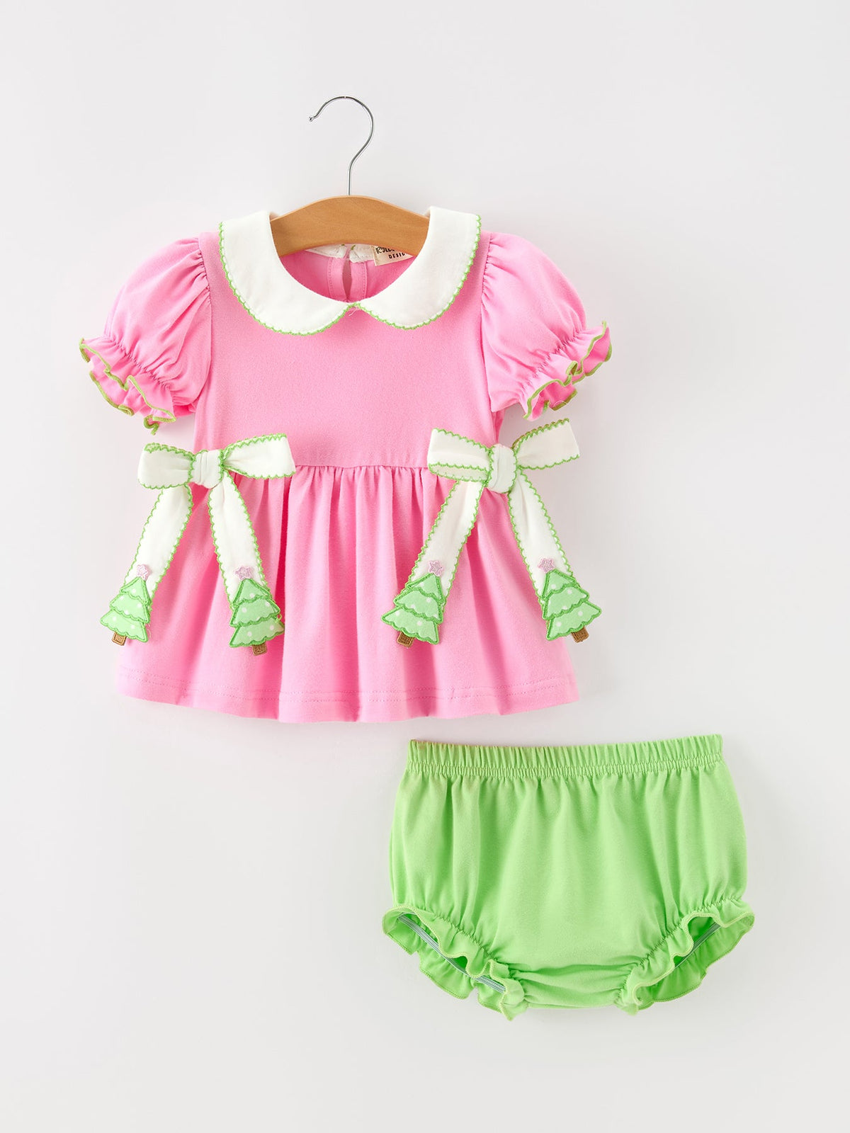 Girls Christmas Outfit | Pink Tree Bloomer Set: Front of pink top and green bloomers