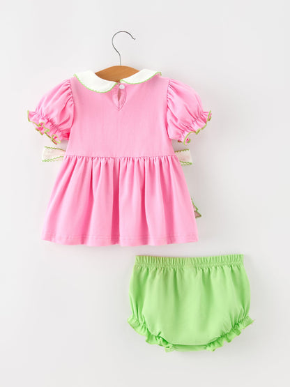 Girls Christmas Outfit | Pink Tree Bloomer Set: Back of pink top and green bloomers