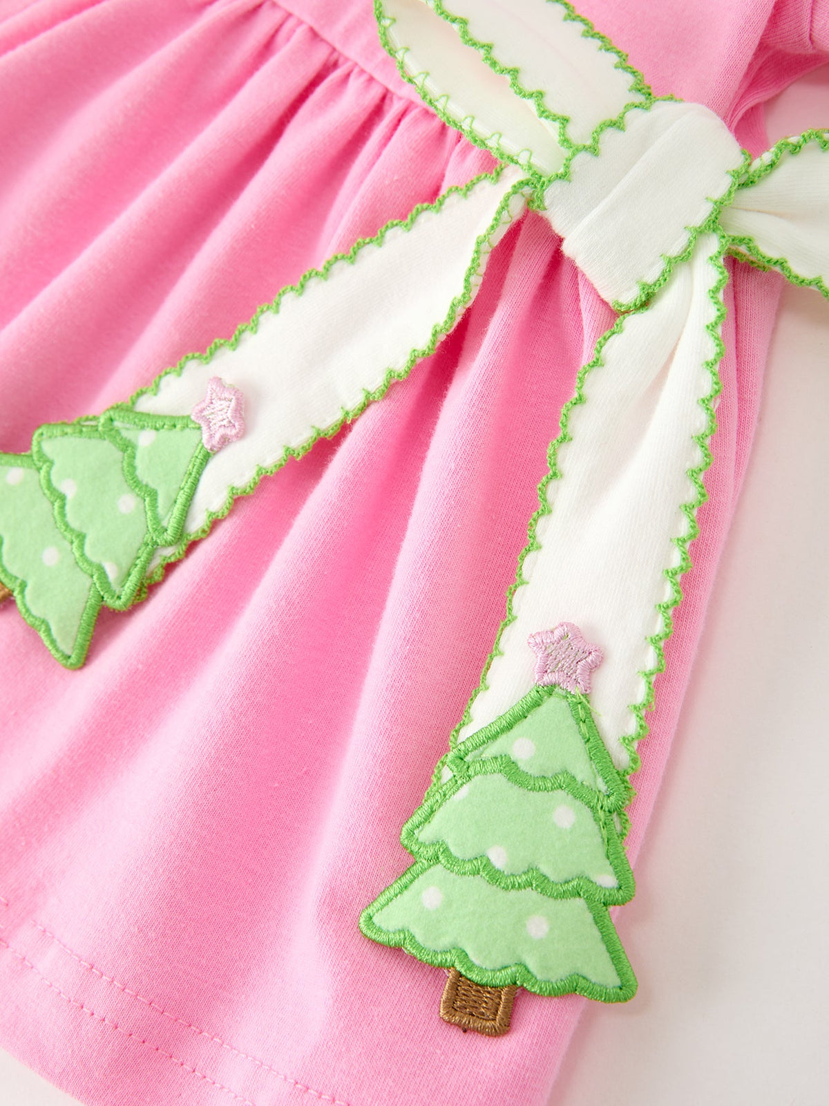 Girls Christmas Outfit | Pink Tree Bloomer Set: Waist bow and dangling green tree details