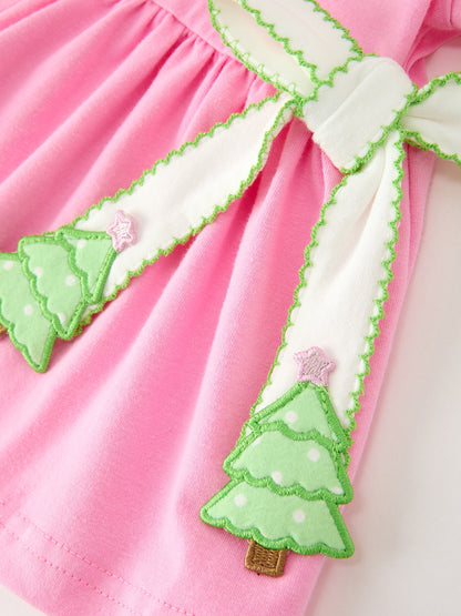 Girls Christmas Outfit | Pink Tree Bloomer Set: Waist bow and dangling green tree details