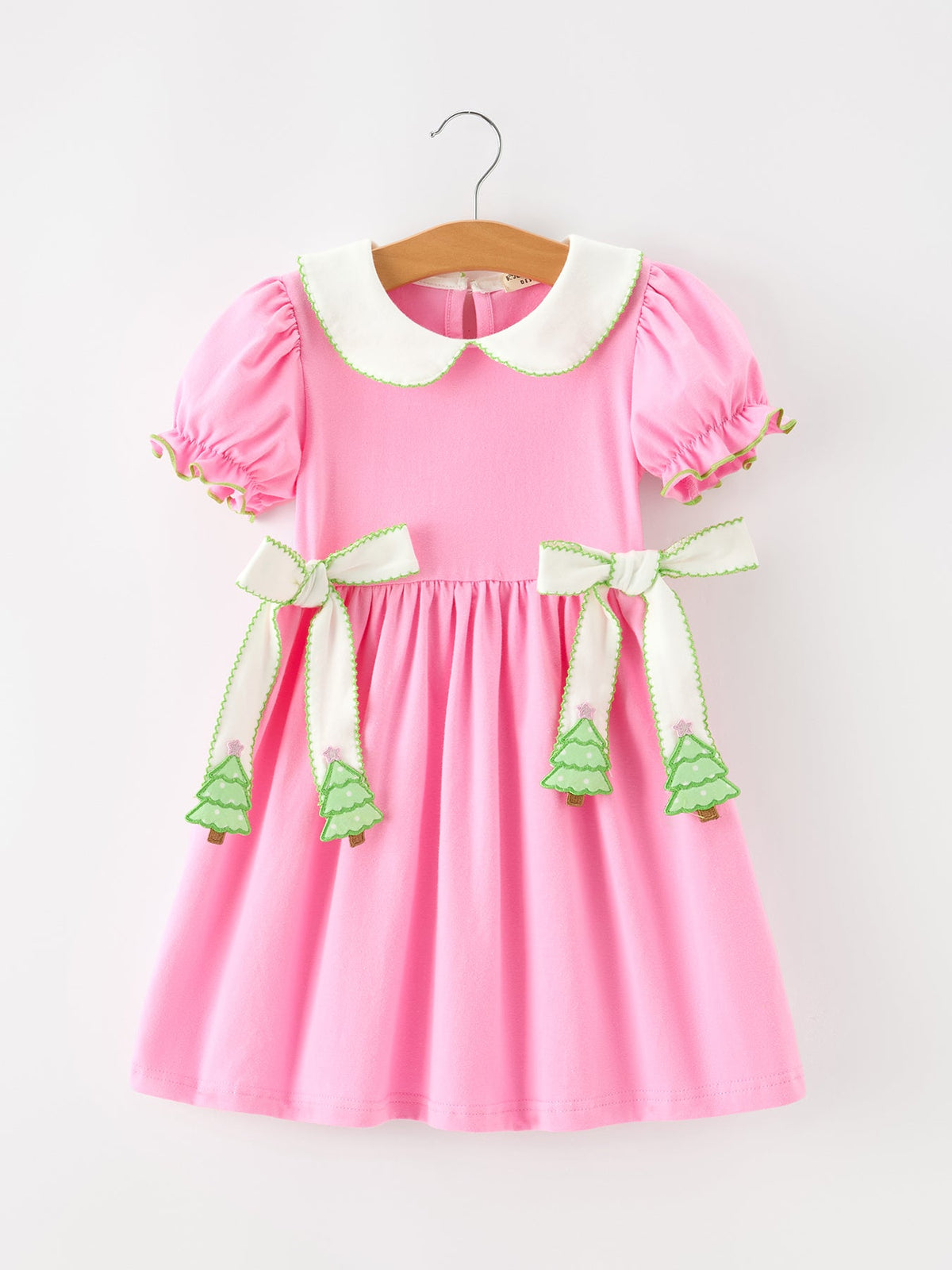 Girls Christmas Dress | Pink Tree & Bow Collar: Front on hanger with white collar and tree accents