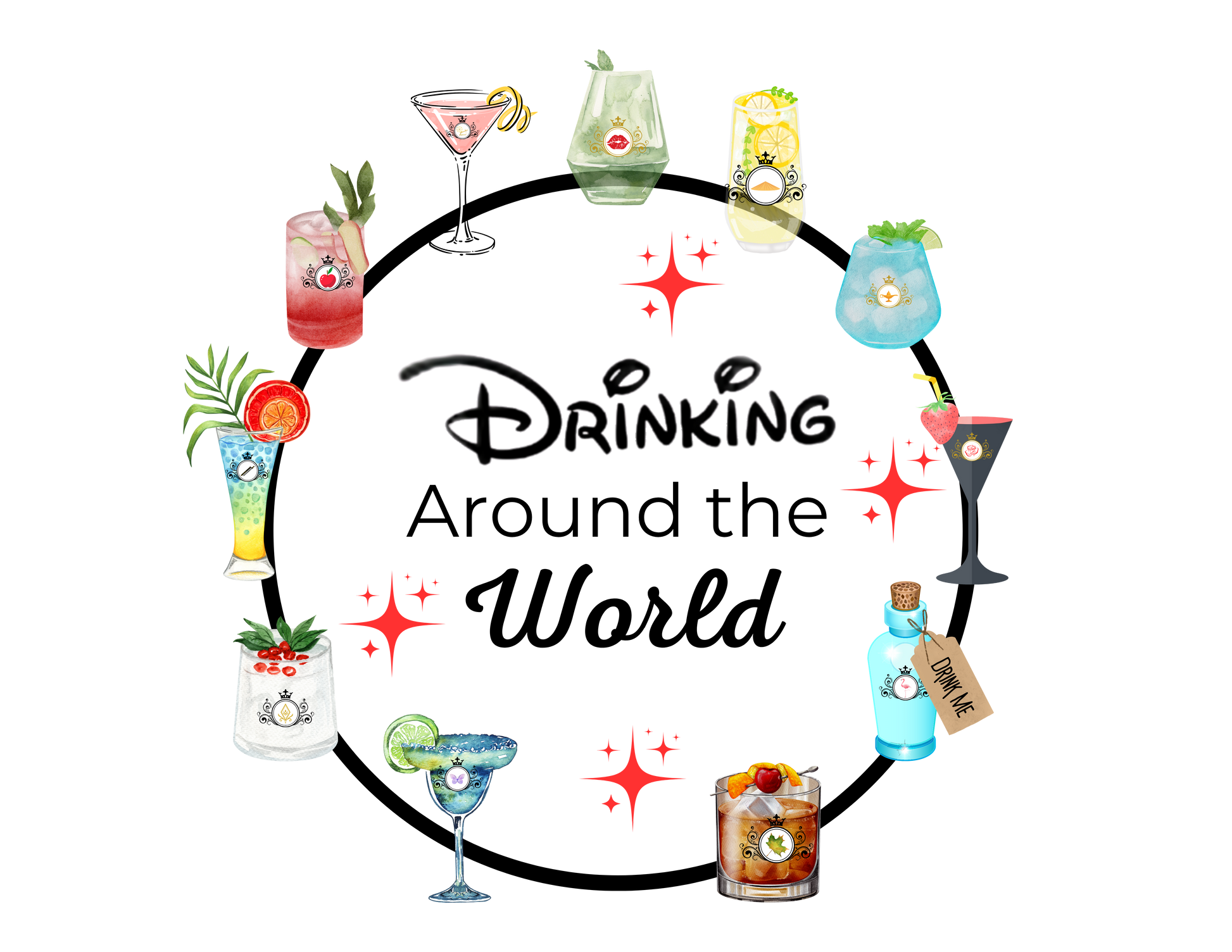 A circular graphic with the text 'Drinking Around the World' in black script, surrounded by colorful watercolor illustrations of various cocktails inspired by Disney characters representing 11 countries in Epcot World Showcase. 