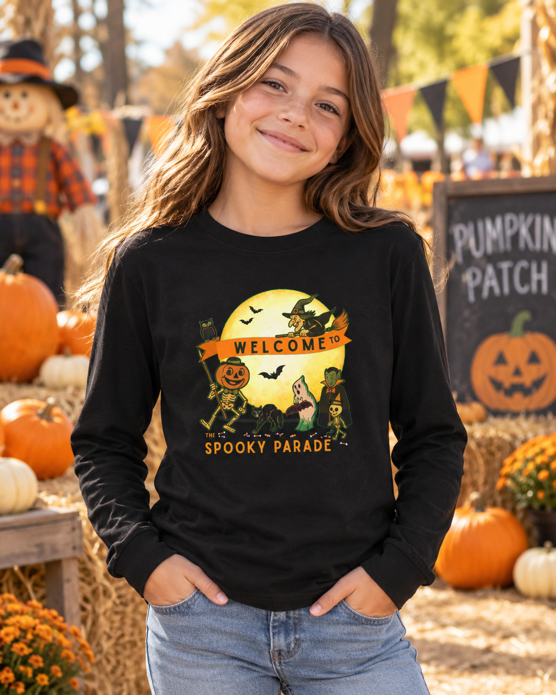 A young girl smiling in an outdoor autumn setting, wearing a black long-sleeve graphic sweatshirt with a 'Welcome to Spooky Parade' Halloween design. The background features pumpkins, a scarecrow, and a 'Pumpkin Patch' sign.