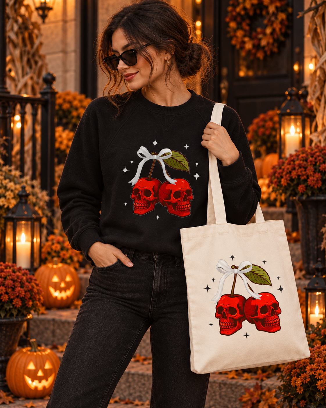 Halloween Skull Sweatshirt | Cherry Skull Women’s French Terry Crewneck
