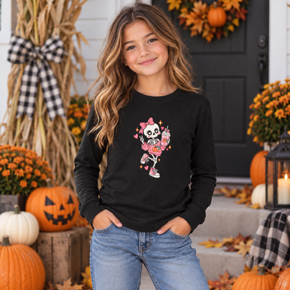 Pumpkin Spice Skeleton Cute Halloween Shirt | Youth Long Sleeve