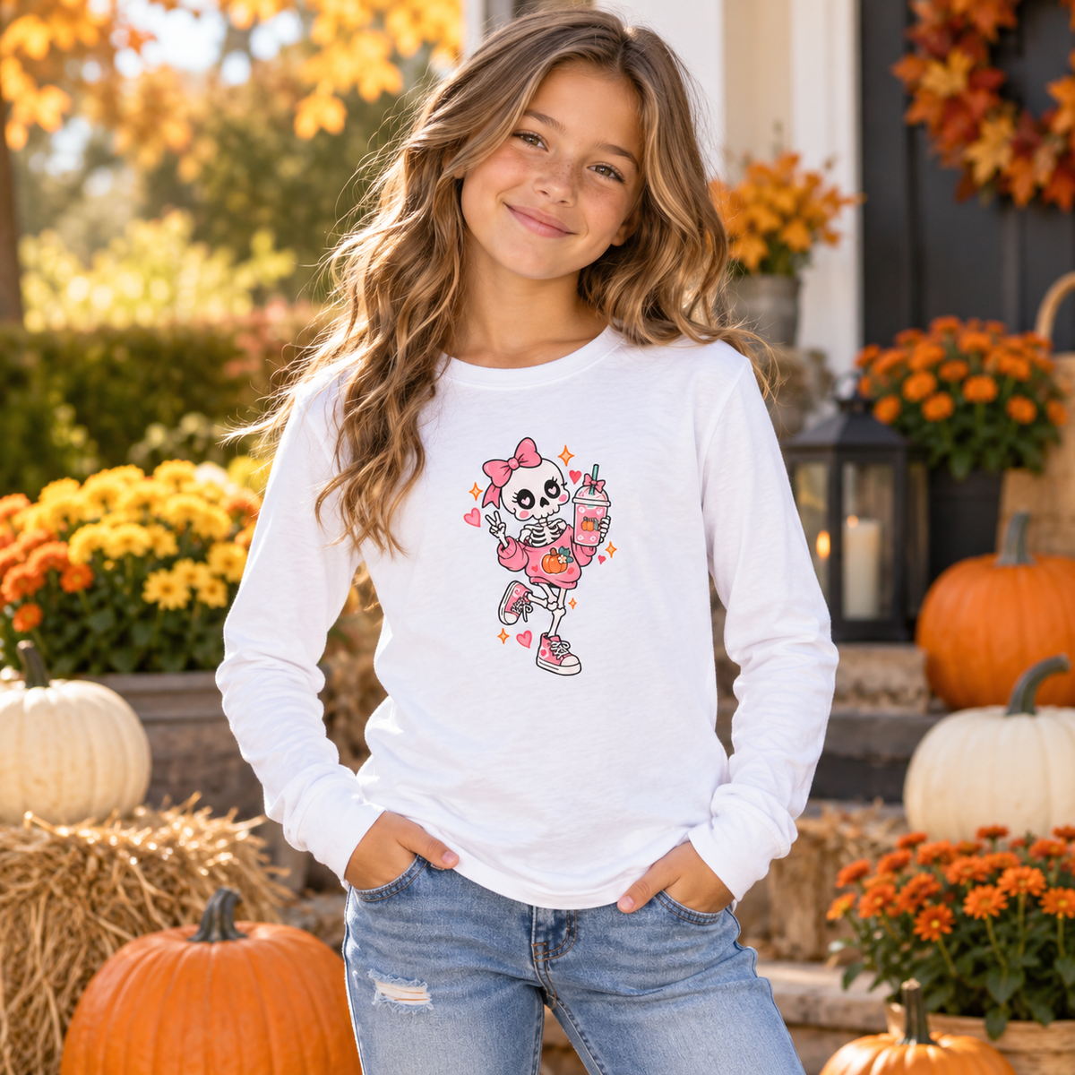 Pumpkin Spice Skeleton Cute Halloween Shirt | Youth Long Sleeve