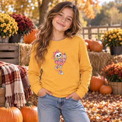 Pumpkin Spice Skeleton Cute Halloween Shirt | Youth Long Sleeve