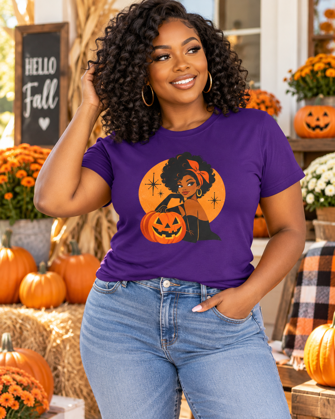 Woman in purple Pumpkin Glam shirt on autumn porch