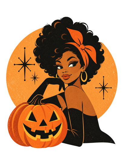 Pumpkin Glam illustration of woman with orange bow and jack o'lantern before orange moon