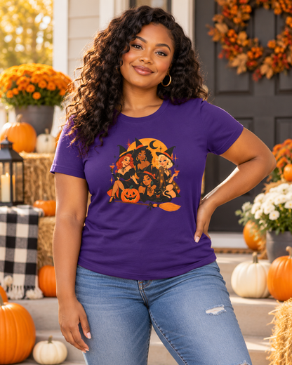 Woman in purple Charmed and Chic Coven Halloween shirt on autumn porch