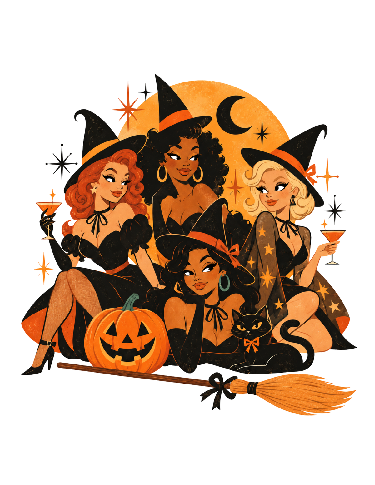 Charmed and Chic Coven artwork with four witches, black cat, pumpkin and broom