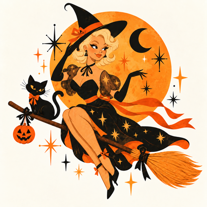 Starstruck Sorceress illustration of blonde witch, black cat and jack o'lantern