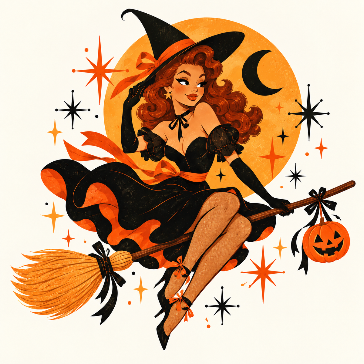 Scarlet Spell illustration of redheaded witch on broom before an orange moon