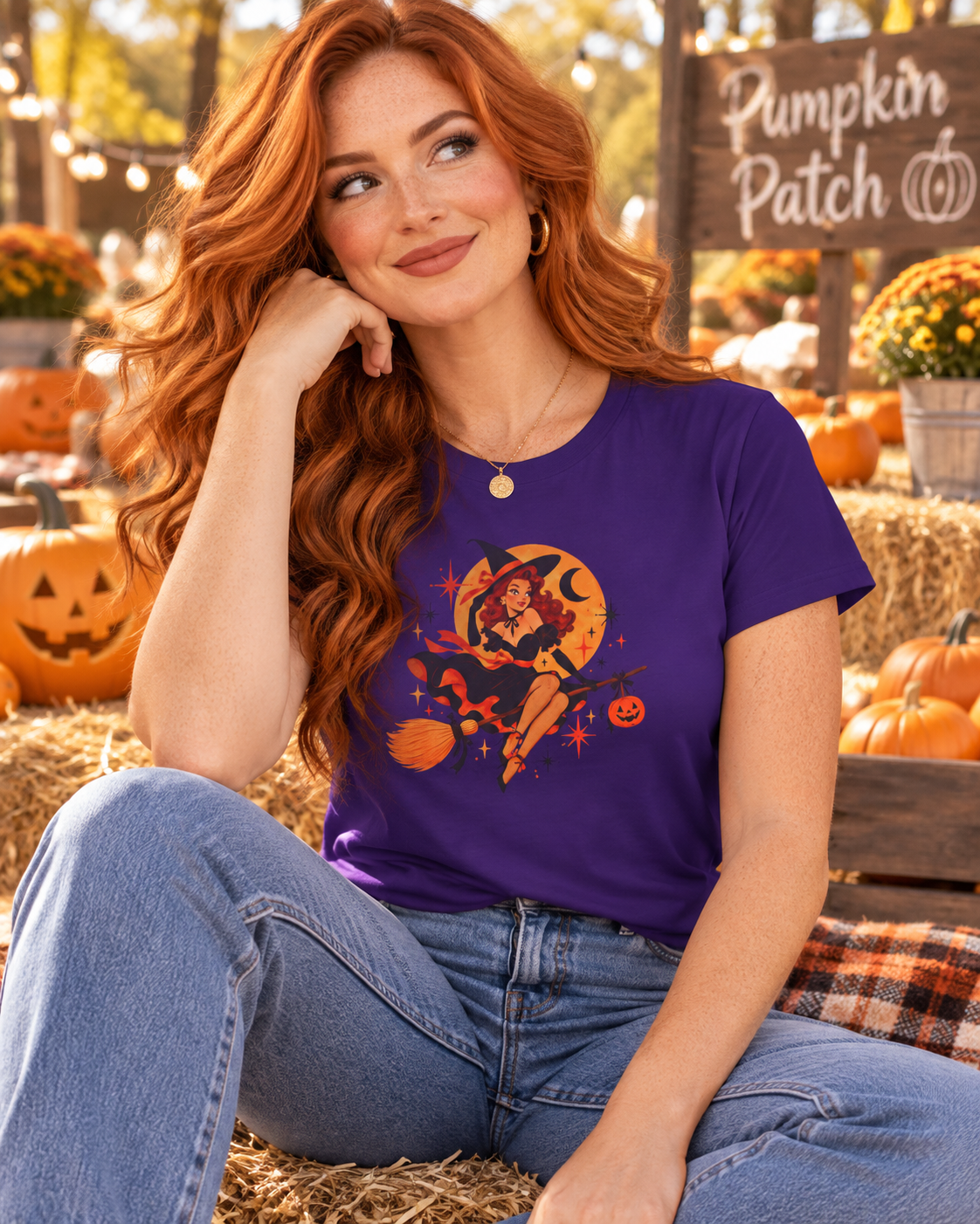 Redheaded woman in purple Scarlet Spell Halloween shirt at a pumpkin patch