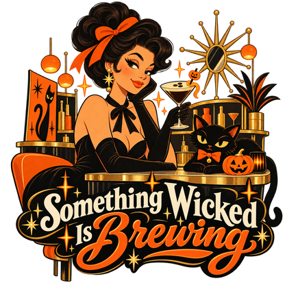 Something Wicked Is Brewing artwork with glamorous witch, espresso martini, black cat and pumpkin