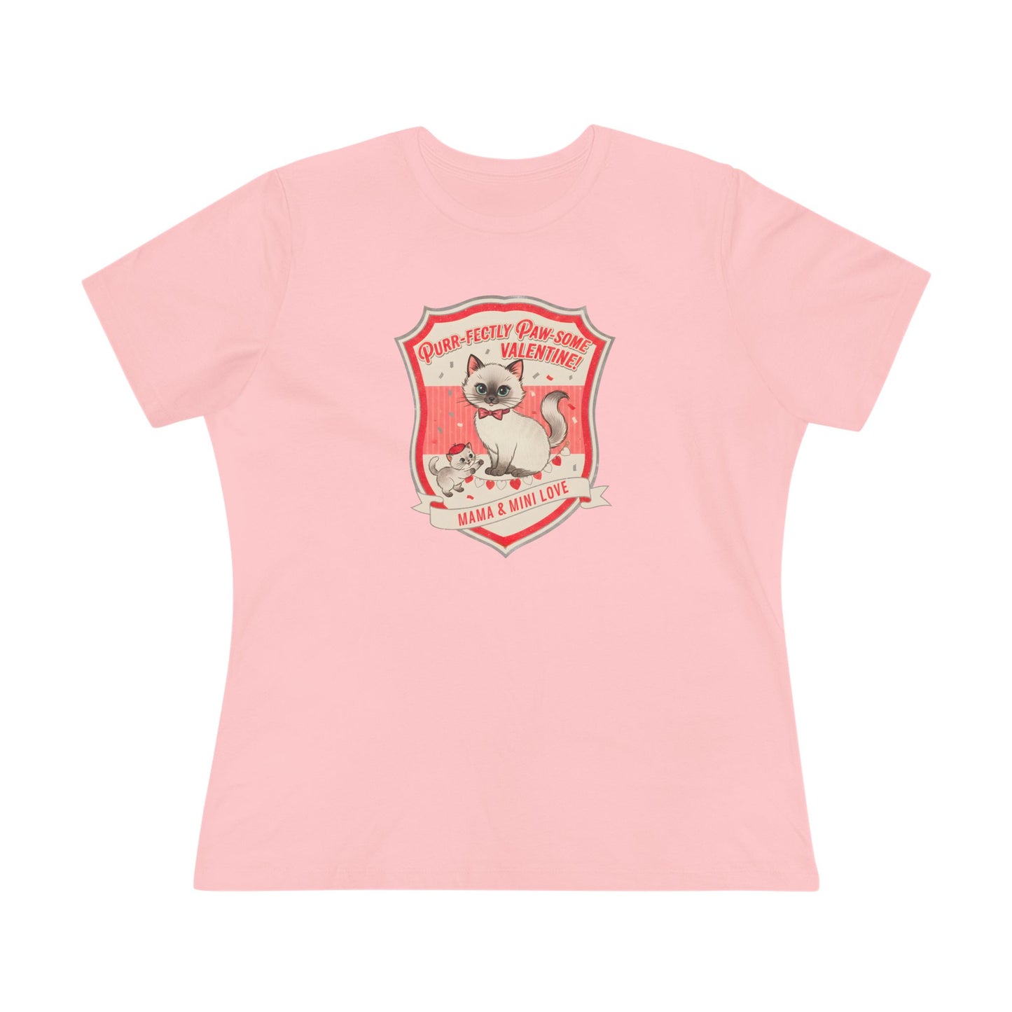 Pink t-shirt with vintage-style Valentine design of two cats and text Purr-fectly Paw-some Valentine and Mama & Mini Love