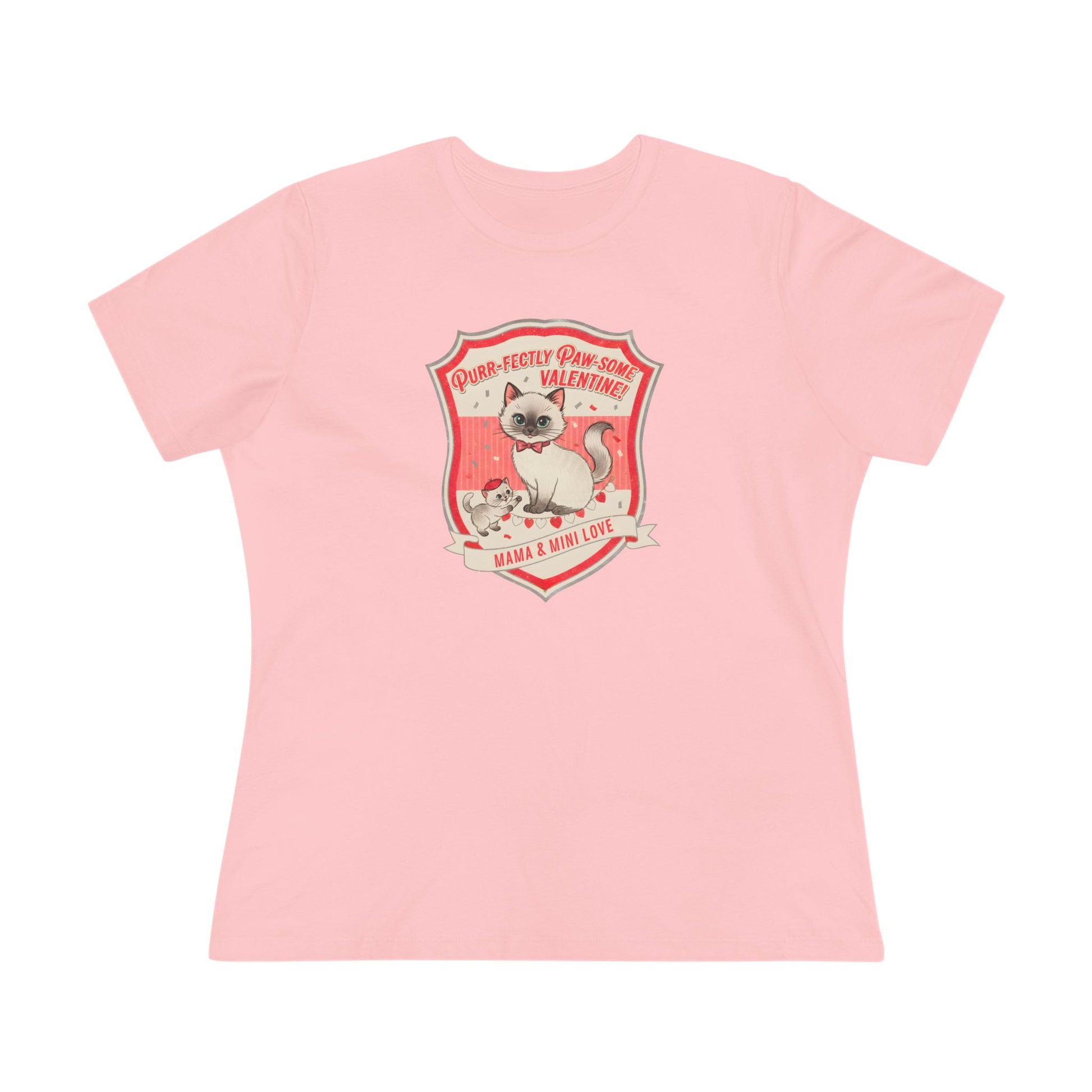 Pink t-shirt with vintage-style Valentine design of two cats and text Purr-fectly Paw-some Valentine and Mama & Mini Love