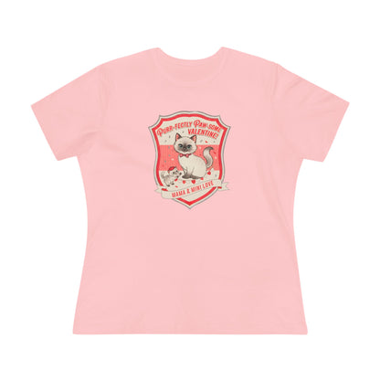 Pink t-shirt with vintage-style Valentine design of two cats and text Purr-fectly Paw-some Valentine and Mama & Mini Love
