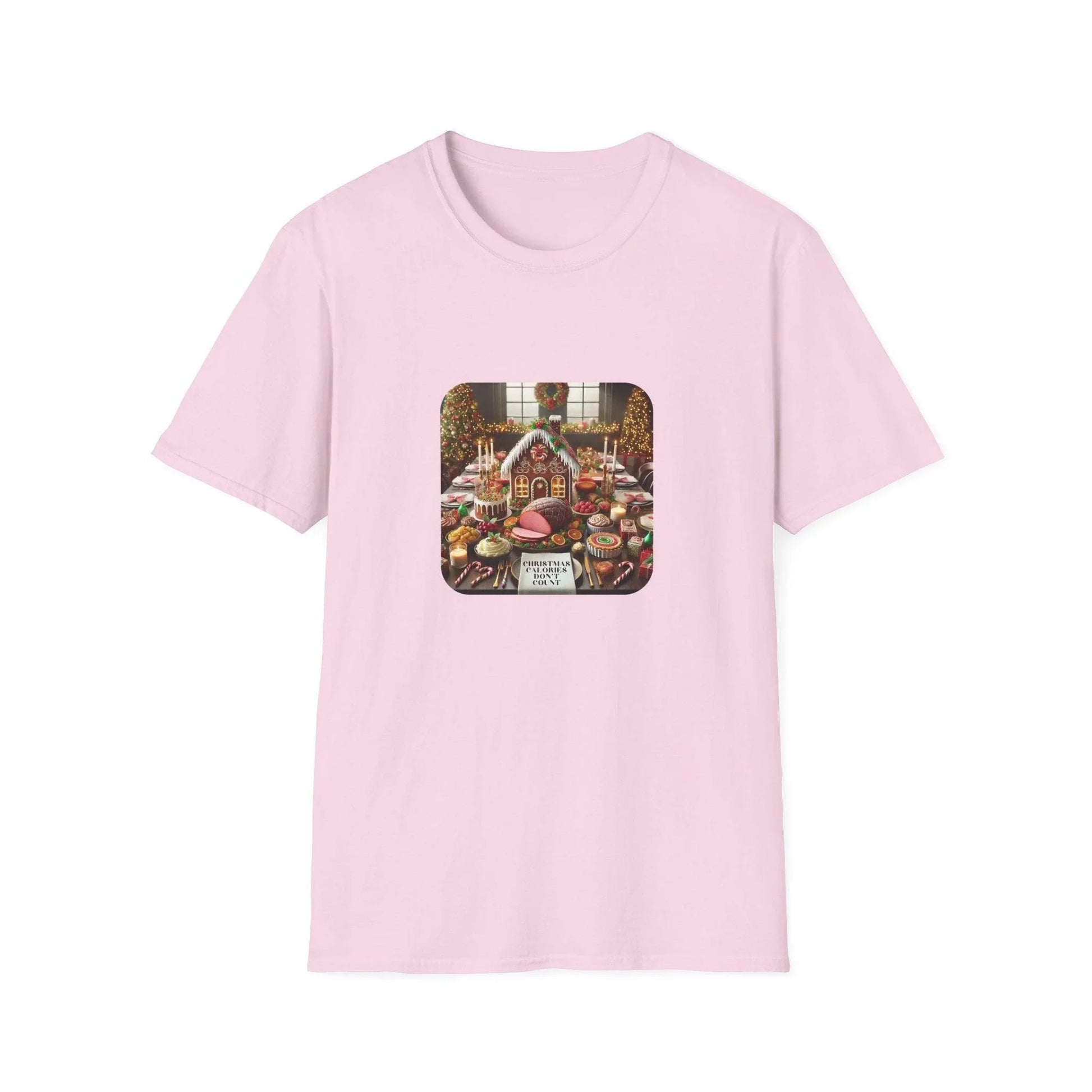 Christmas Calories Don’t Count 🎄 – Fun Festive Design with Gingerbread House & Holiday Feast - Unisex Softstyle Tee - Whippie's