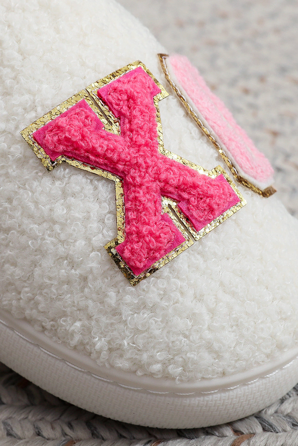 White XOXO Glitter Trim Plush House Slippers