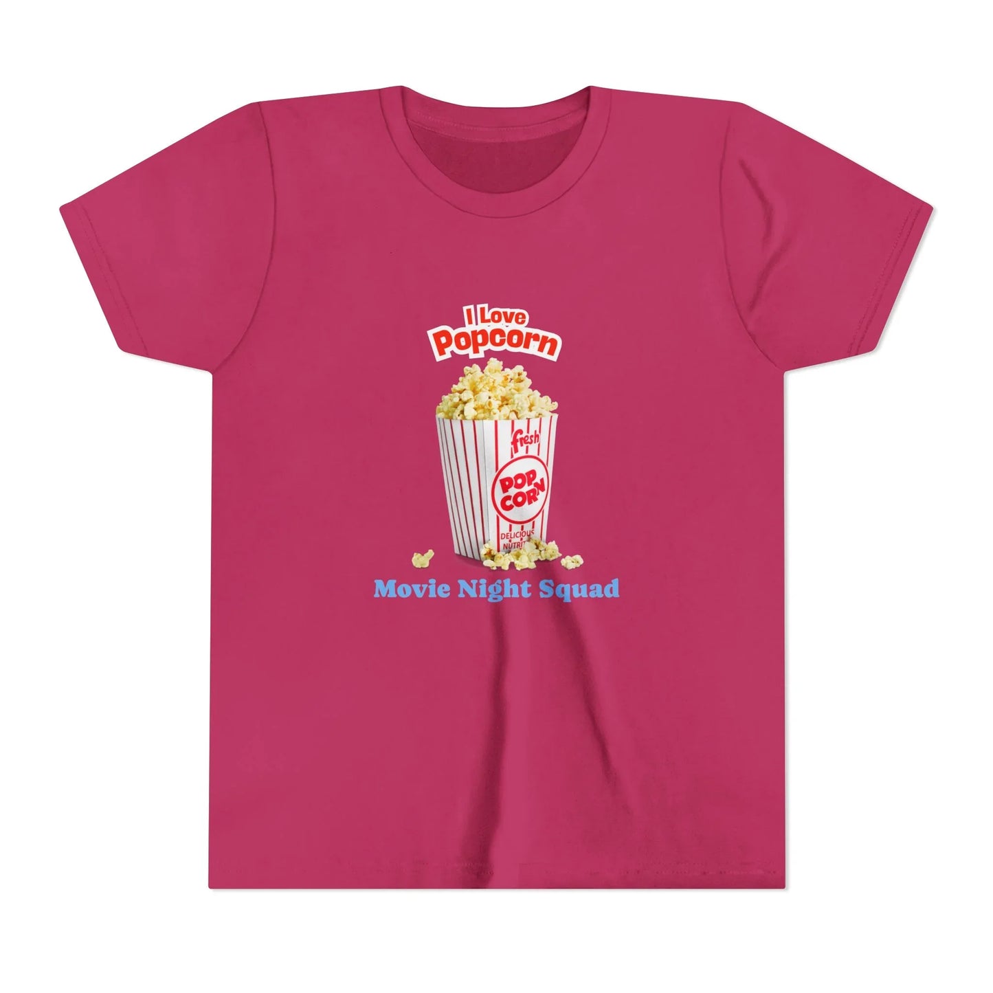 Red t-shirt with popcorn bucket graphic and text I Love Popcorn Movie Night Squad