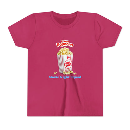 Red t-shirt with popcorn bucket graphic and text I Love Popcorn Movie Night Squad