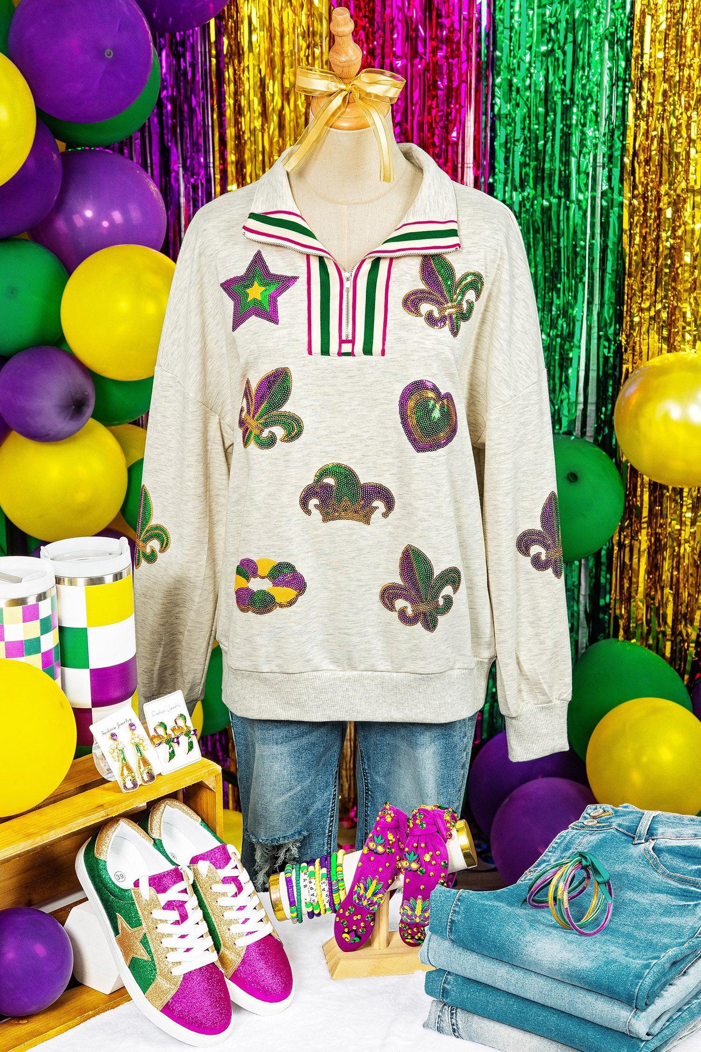 Sequin Mardi Gras Sweatshirt | Zip Pullover