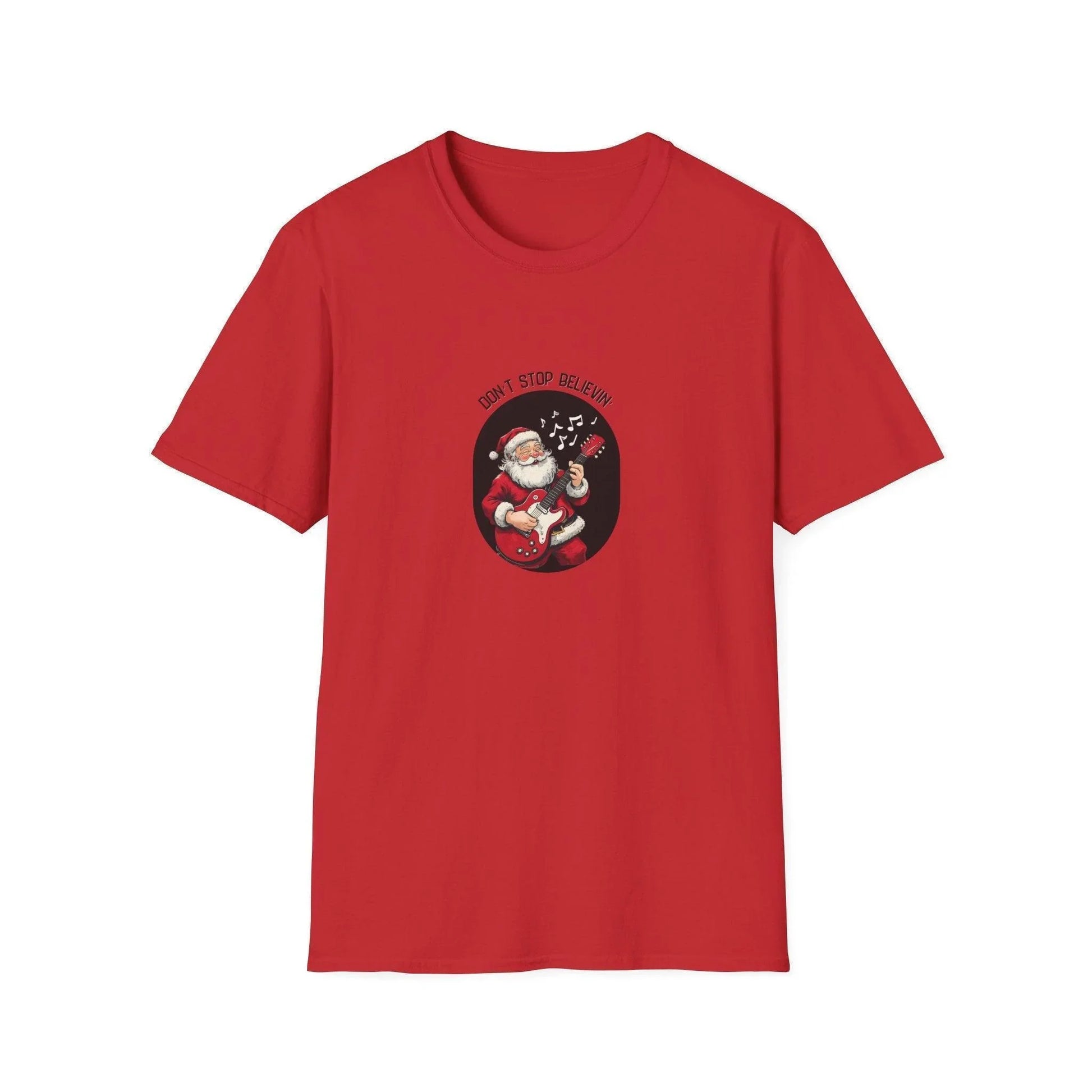 Don't Stop Believin': Santa's Rockin' Christmas Cheer! 🎅🎸🎄 - Unisex Softstyle T-shirt - Whippie's