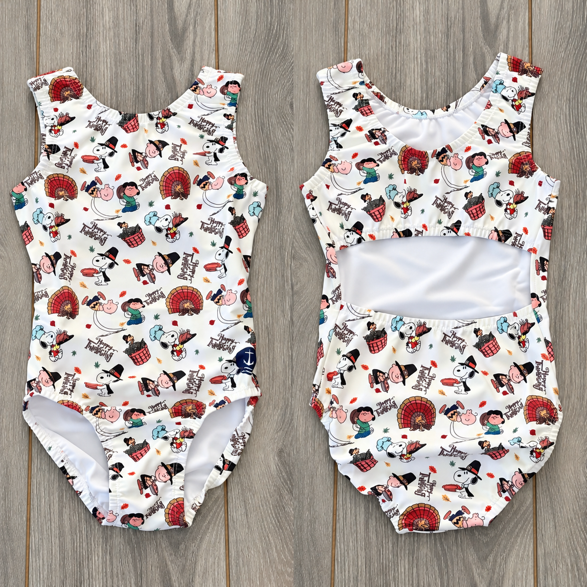 Thanksgiving Leotard | Snoopy & Friends: Front and open-back flat lay
