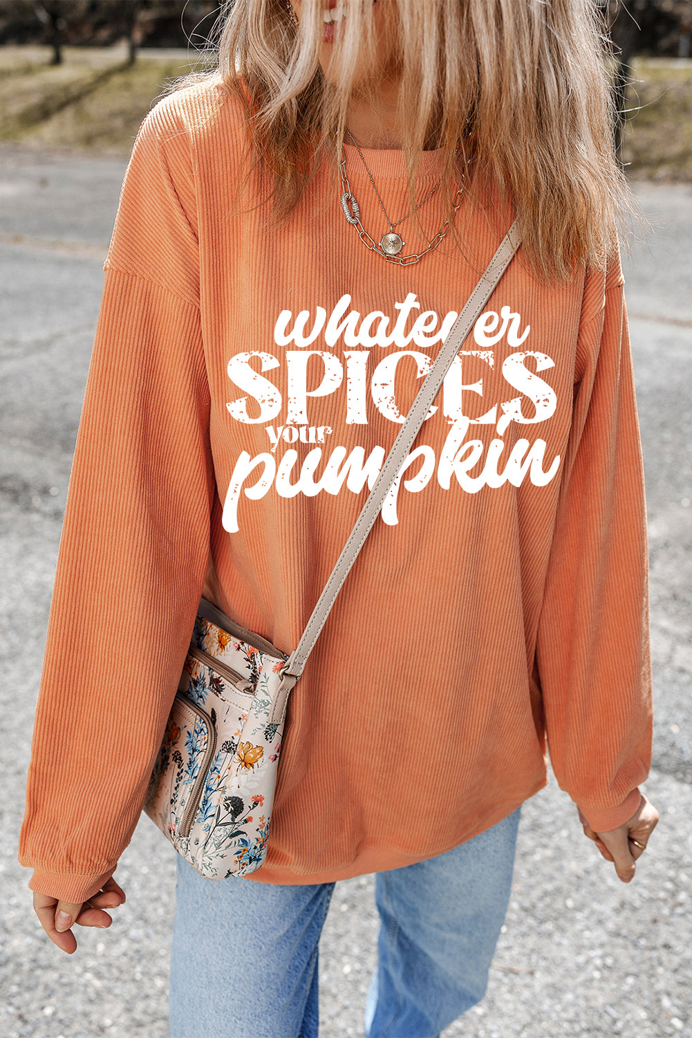 Whatever Spices Your Pumpkin Sweatshirt | Orange Corded Pullover