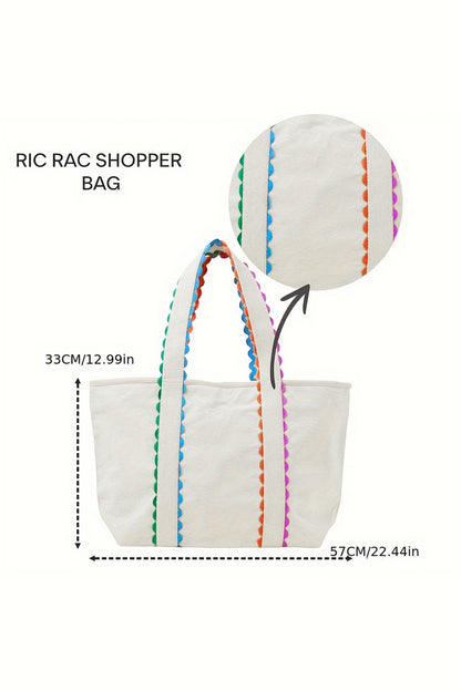 White Colorful Ricrac Canvas Tote Bag