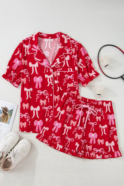 Red Sweet Bow Pajamas Ruffled Shirt Shorts Set