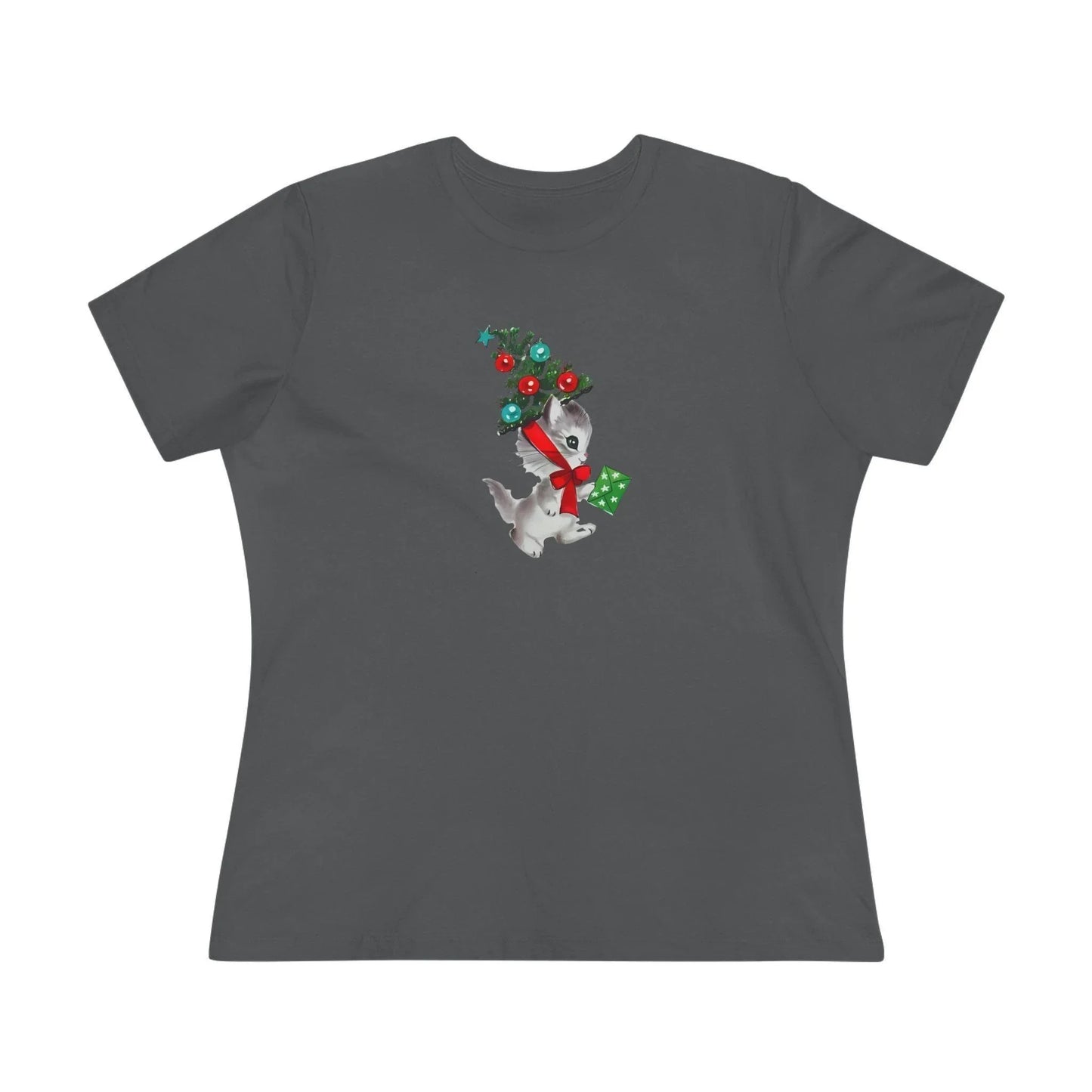 Kittie with Christmas Tree Hat and Card - Women's Softstyle Tee - Whippie's