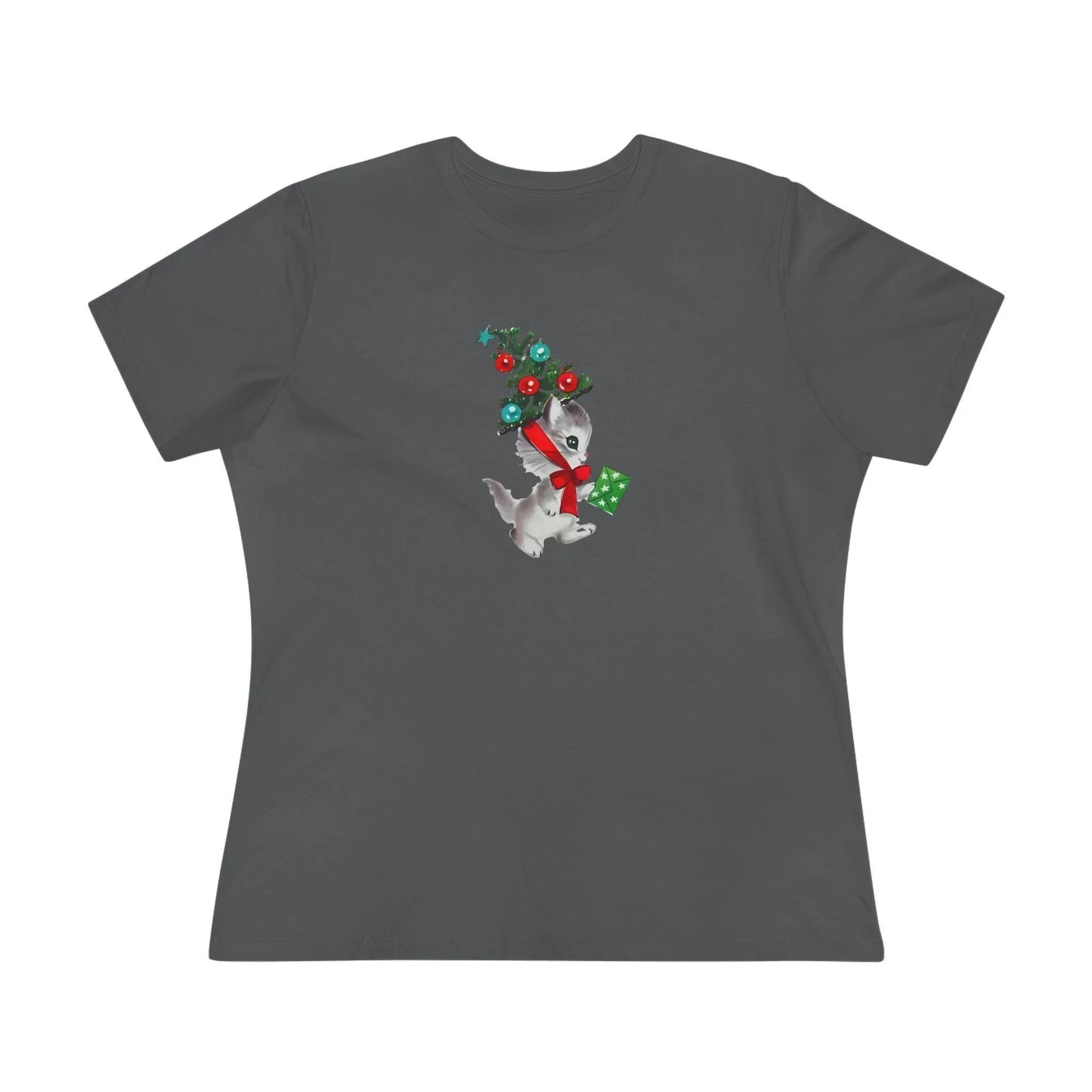 Kittie with Christmas Tree Hat and Card - Women's Softstyle Tee - Whippie's