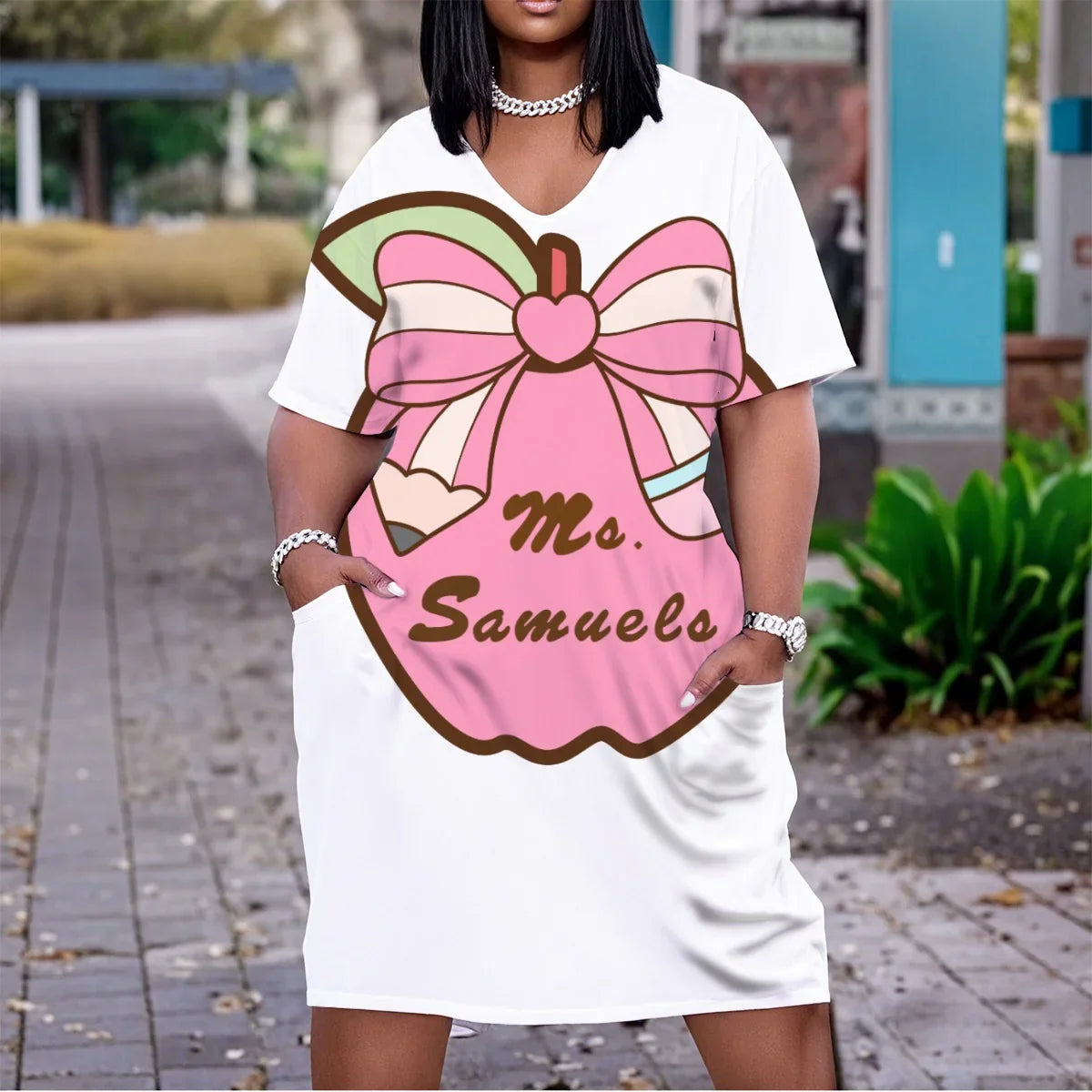 Teacher Love & Apple Print V-Neck Dress | Plus Size - FREE Shipping! - Whippie's