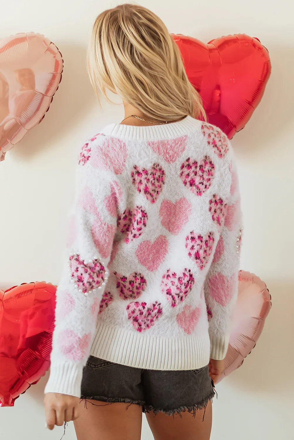 Heart Sweater – Pink Leopard Heart Fuzzy Pearled Knit
