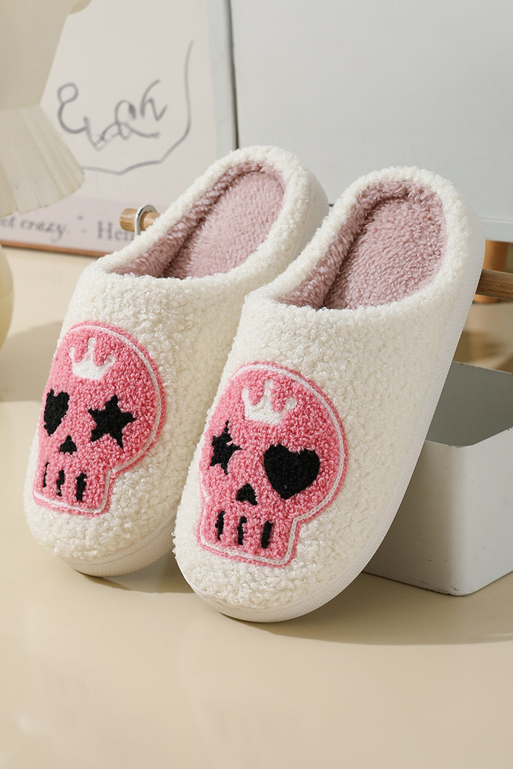 White Halloween Skull Plush House Slippers