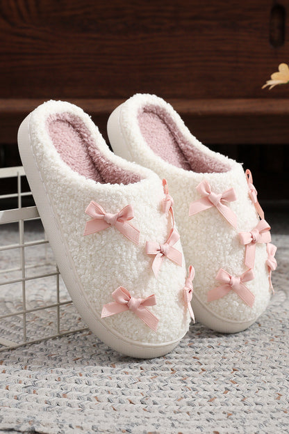 White Ribbed Bow Plush House Slippers