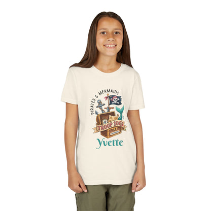 Young girl wearing a t-shirt with a pirate-themed design and text. wearing a girl scout camporee tee